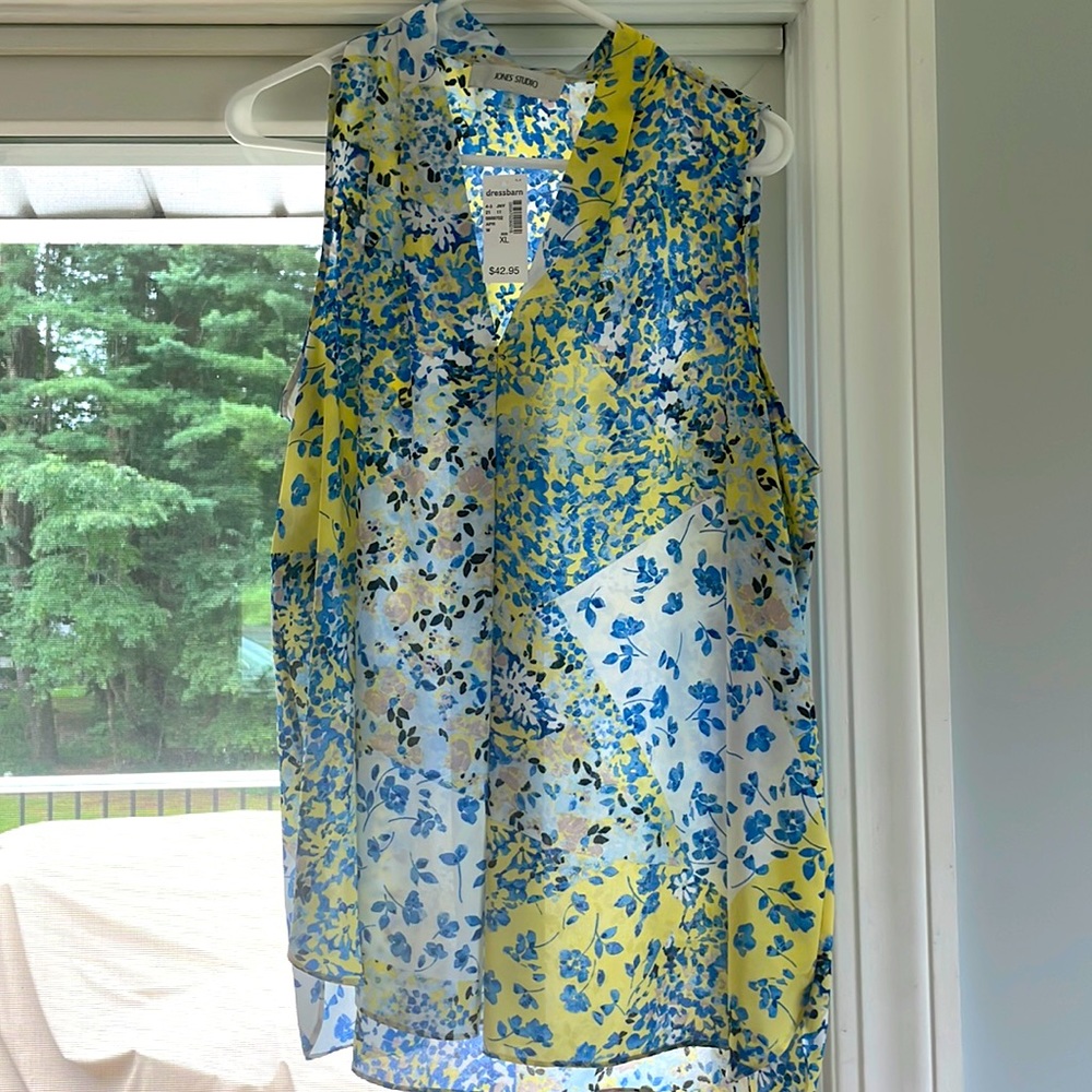 Jones Studio blue and yellow floral print blouse, X-Large